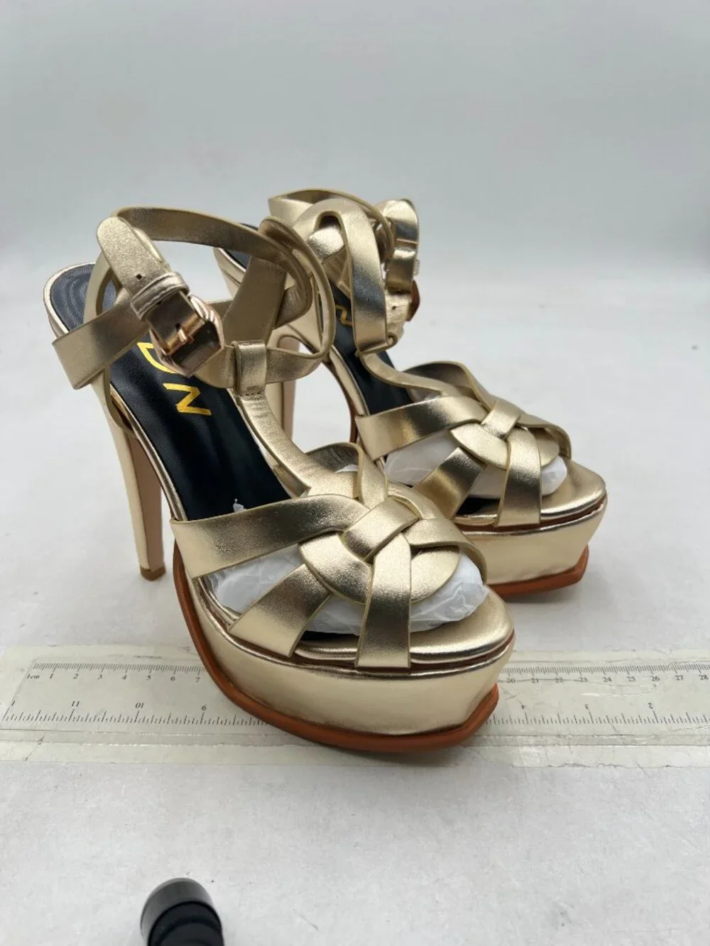 YDN Gold Strappy High Heeled Platform Peep Toe Stiletto Heels T-strap Sandals